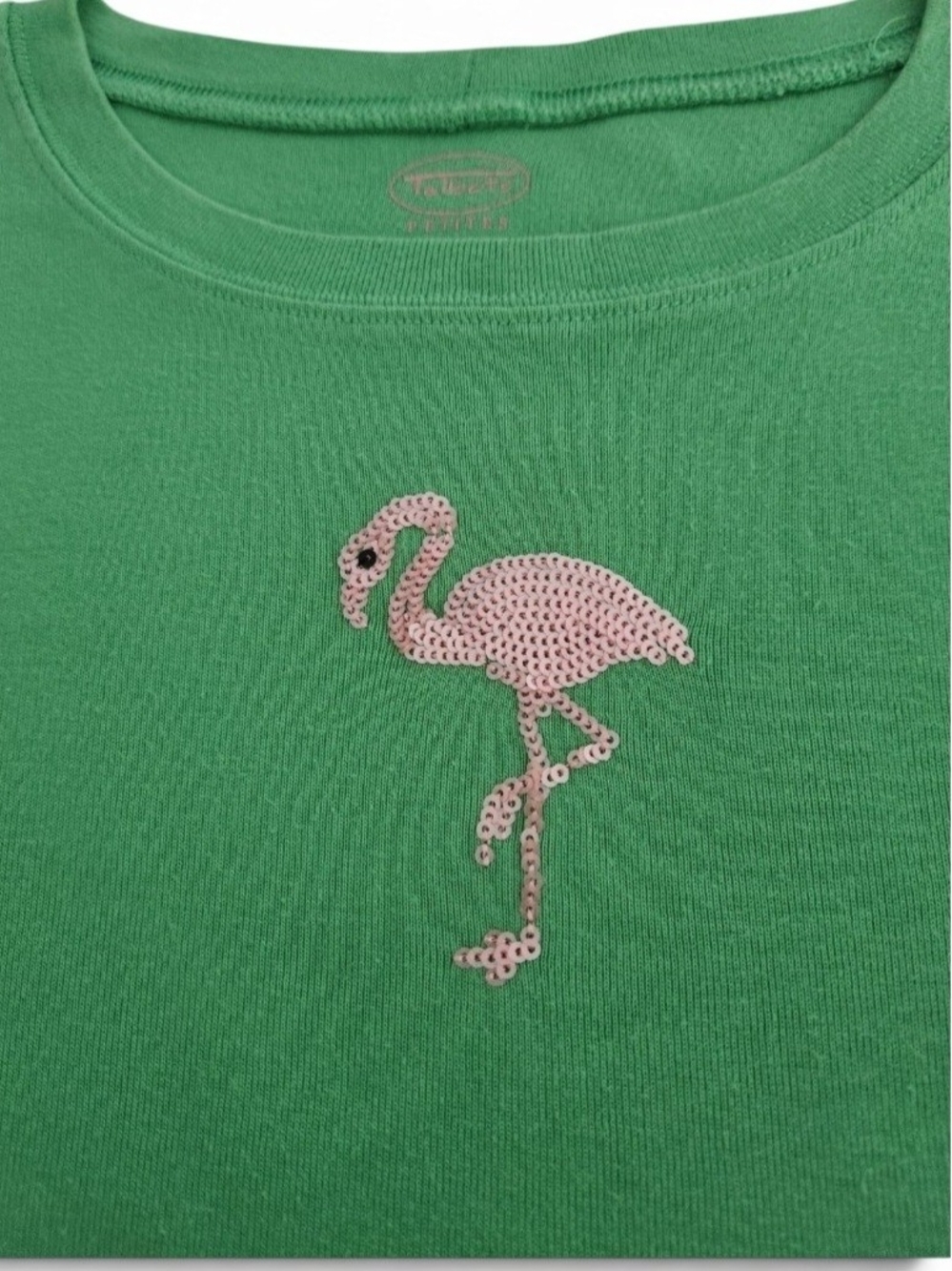 Talbots Green Short Sleeve Tee Embroidered Pink Flamingo Petite Medium - Picture 2 of 8